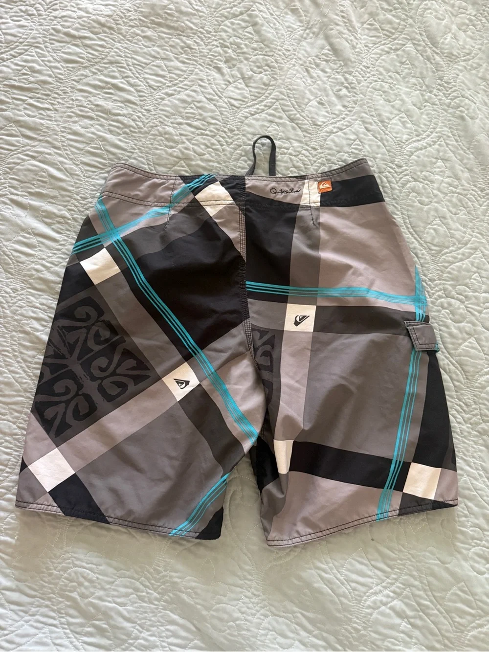 Quiksilver Men’s Black, Gray & Teal Plaid Board Shorts